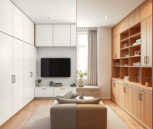 Zabudowa salonu w kawalerce: fronty przesuwne czy uchylne?